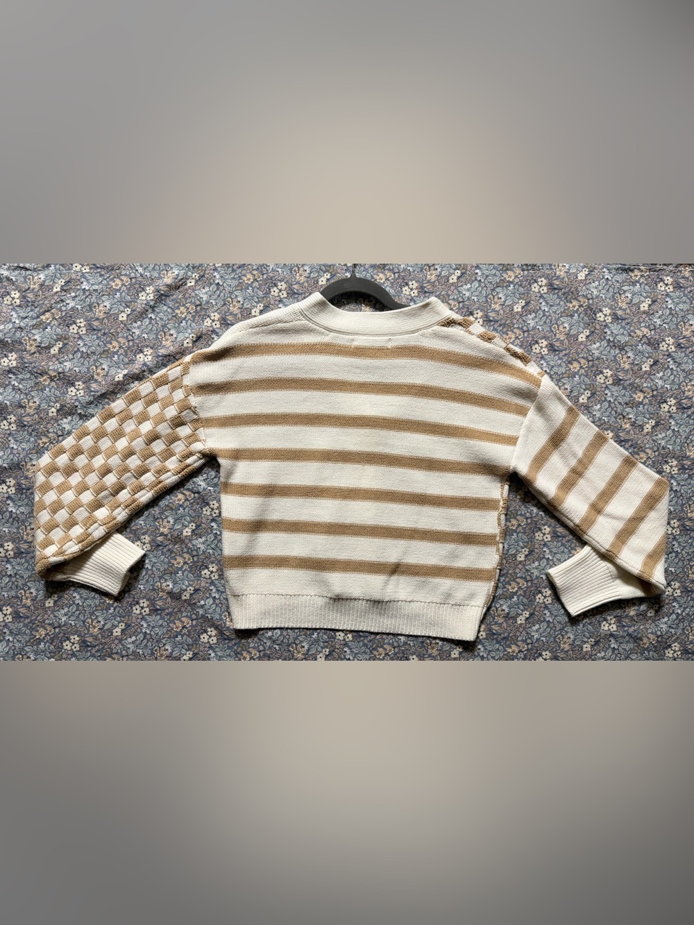 moon & madison Cream and Tan Checker‑Stripe Knit Cardigan - Picture 2 of 3